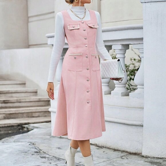 Pink Preppy Womens Flap Pocket Button Front Dress - Picture 5 of 5